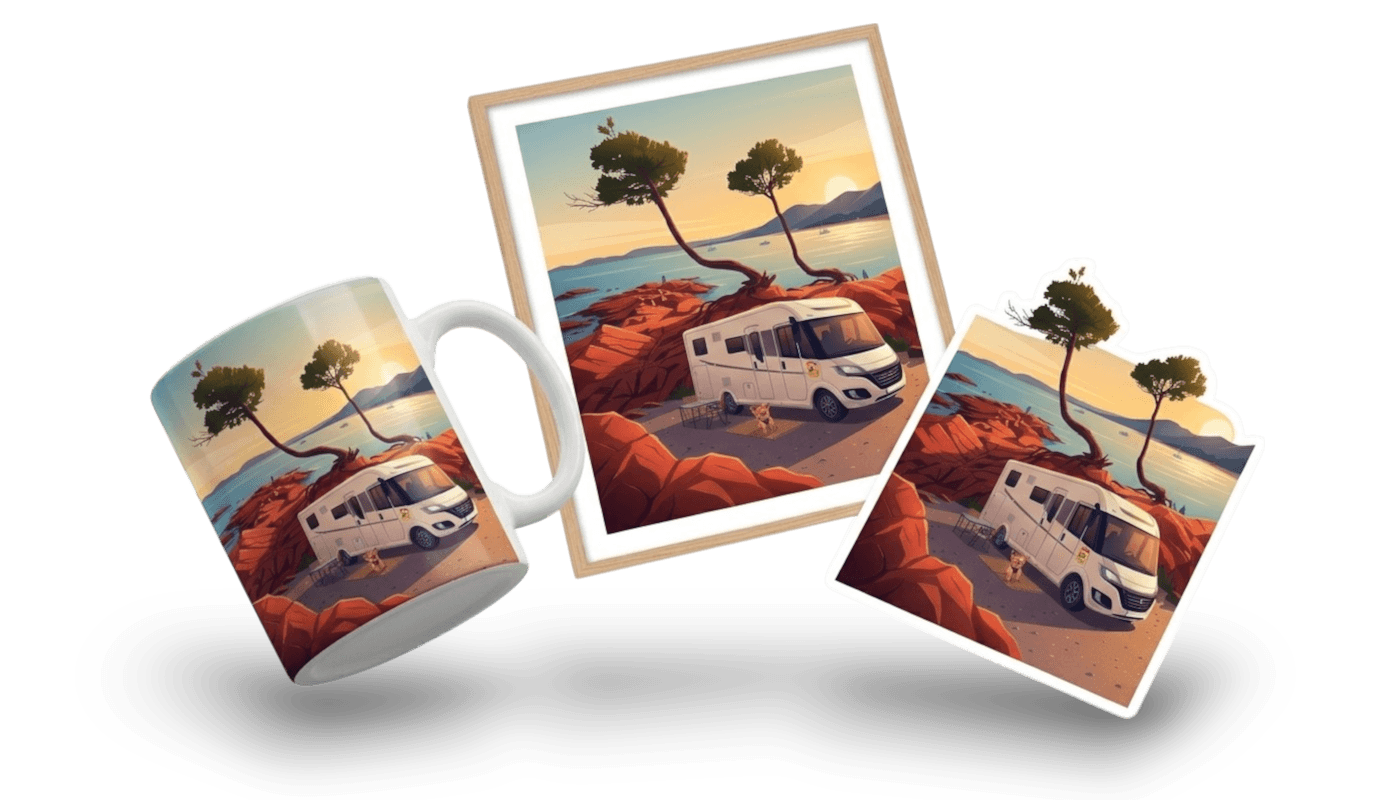 Illustration personnalisée d'un camping-car sur poster encadré, mug et sticker